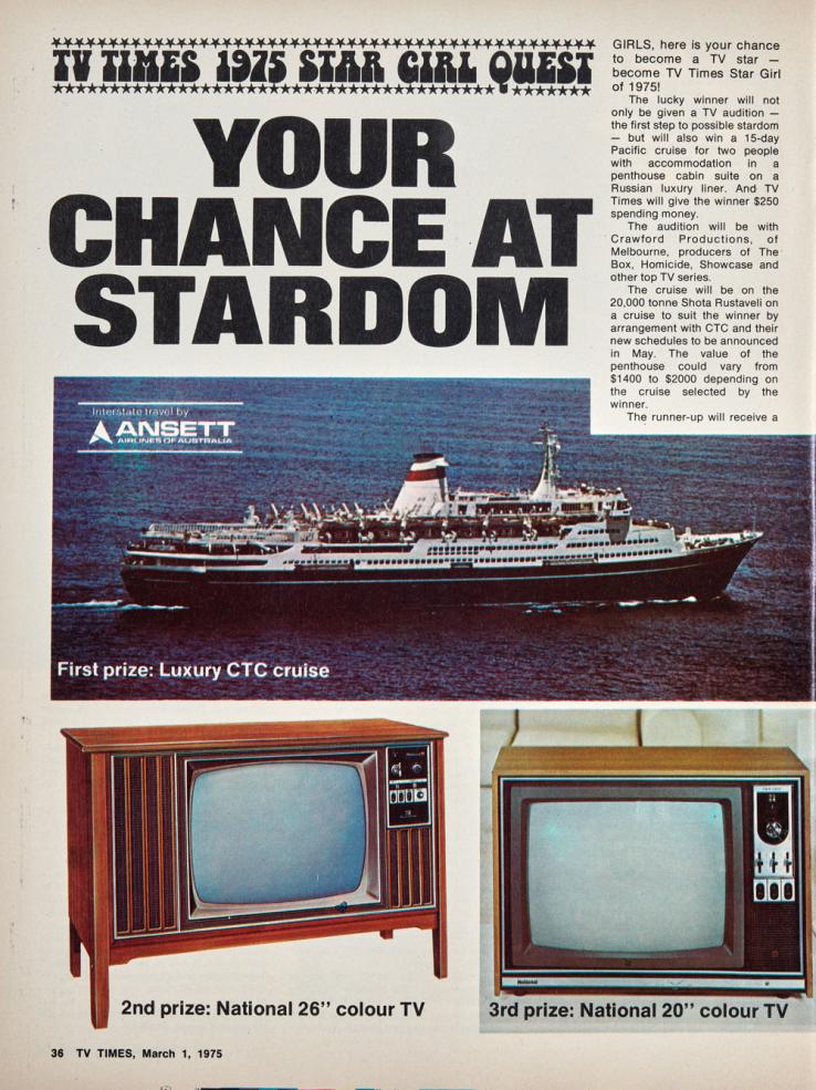 A page from a magazine advertising a competition to win a cruise or a new colour television.