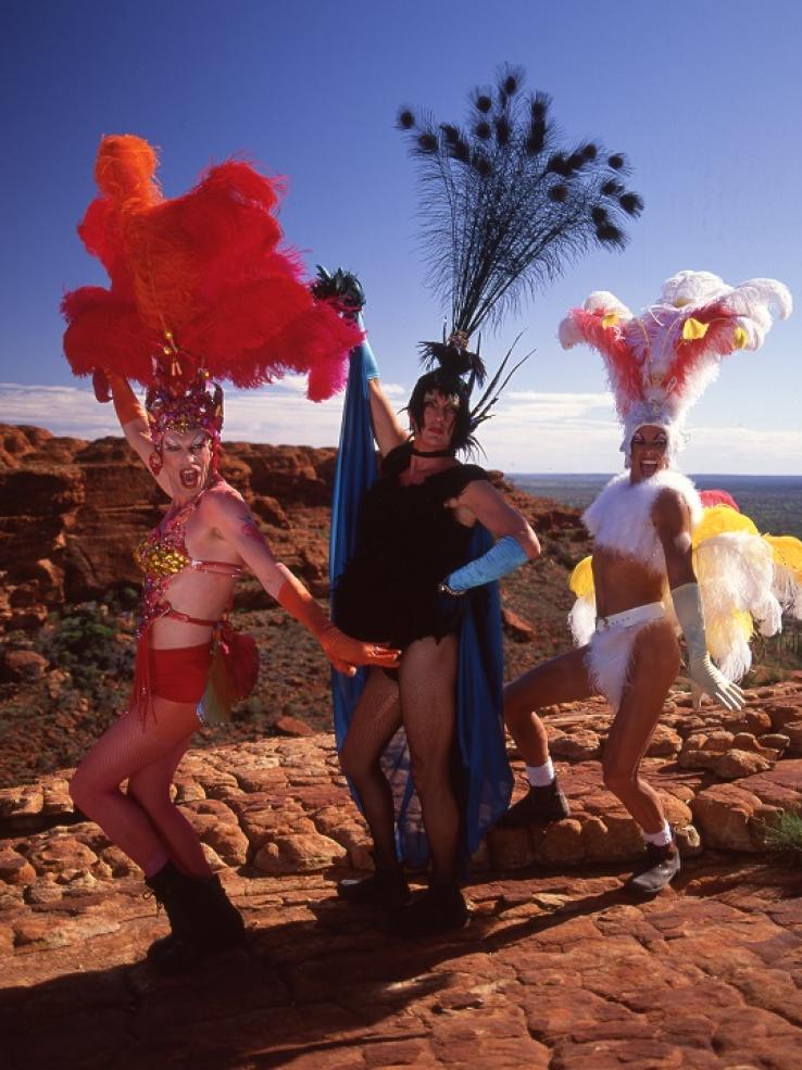 Hugo Weaving, Terence Stamp and Guy Pearce in costume on the edge of Kings Canyon.