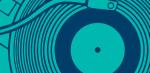 Aqua and blue graphic of a record being played on a record player.