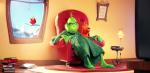 Animation still from the film The Grinch showing a grumpy-looking green cartoon character sitting on a lounge chair in a living room.