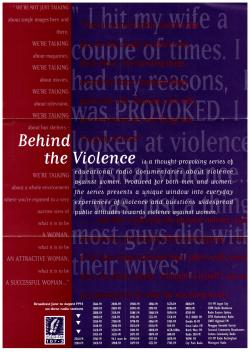 Flyer for the Behind the Violence radio series featuring white test on a red and purple background