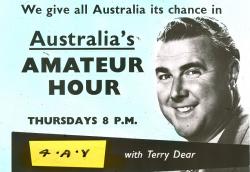 Advertisement for Australia's Amateur Hour with portrait photo of Terry Dear. Advertisement for Australia's Amateur Hour with portrait photo of Terry Dear.