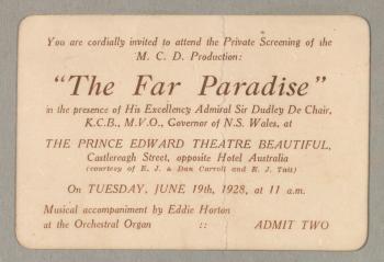 An invitation to a private screening of a film 'The Far Paradise' from 1928.
