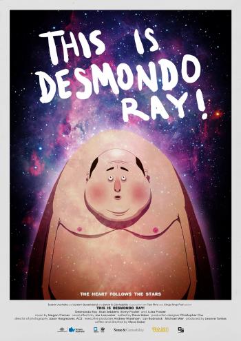 Poster featuring a cartoon character of a large, balding man seen naked from the waist up.