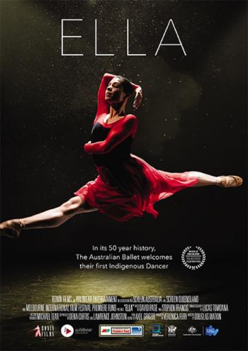 Poster for the documentary Ella featuring a dancer leaping into the air wearing a red dress.