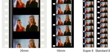 Examples of various film gauges; 35mm, 16mm, super 8 and standard 8