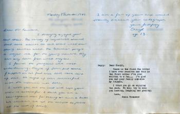 A letter written to Simon Townsend by a young fan after the first episode of Simon Townsend's Wonder World. The sentiment of the letter is complimentary and encouraging.