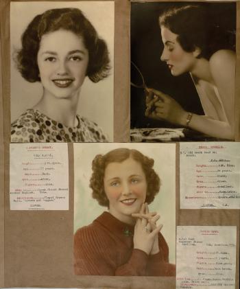 Pages with three portraits of young woman and notes descibing them.