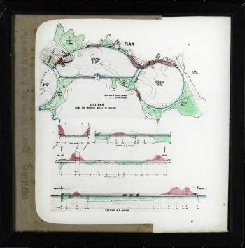 Glass slide showing a plan and three section drawings for the proposed basin walls for the lake, as per Walter Burley Griffin's Preliminary Plan. 