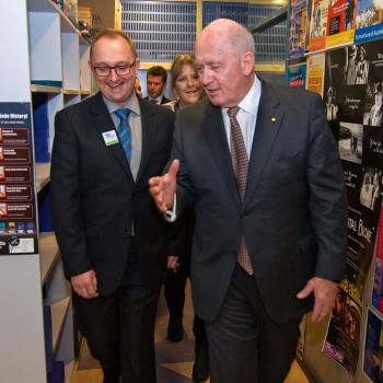 Danny leading a tour of the NFSA preservation areas with His Excellency General the Honourable Sir Peter Cosgrove.