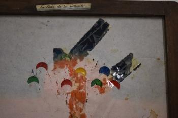 Reverse side of a Polyorama Panoptique slide showing coloured crescent slashes added to produce an optical effect