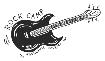 line drawing of a guitar with the words 'ROCK CAMP' above it and 'Ngunnawal Country' below.