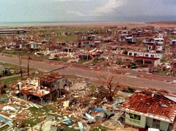 An aerial view of Darwin showing the destroyed houses following cyclone Tracy in December 1974