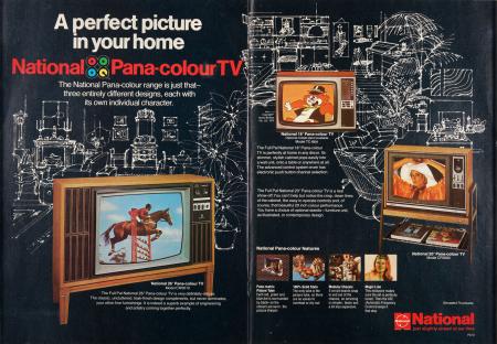 A two-page spread magazine article for colour television sets from 'National Pana-colour' showing a range of TV sets with colour images on the screen against a backdrop of black and white sketches.