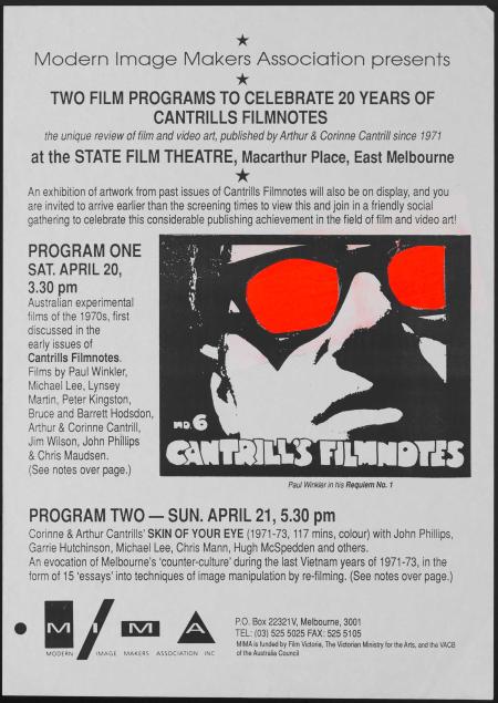 A flyer advertising a film screening in Melbourne to mark 20 years of film journal Cantrill's FIlmnotes. The flyer has an illustration of a man wearing sunglasses with red lenses