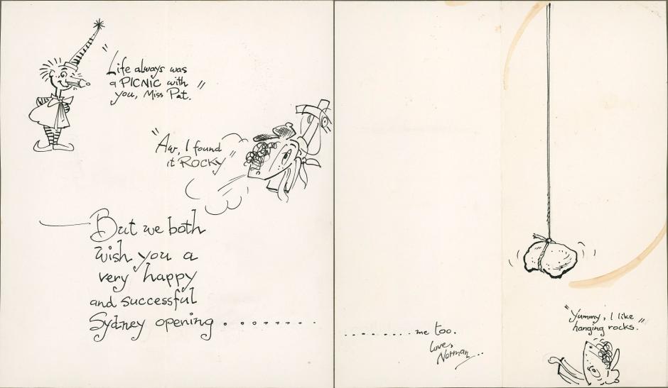 Good luck card from Norman to Pat wishing her all the best for the Sydney premiere of Picnic at Hanging Rock (1975).