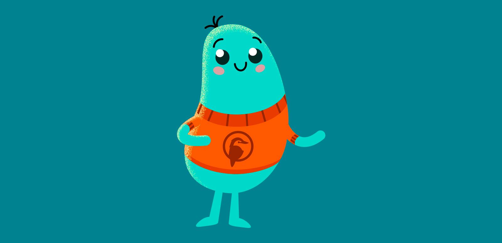 A green, bean-shaped cartoon character wearing the NFSA logo and promoting media literacy