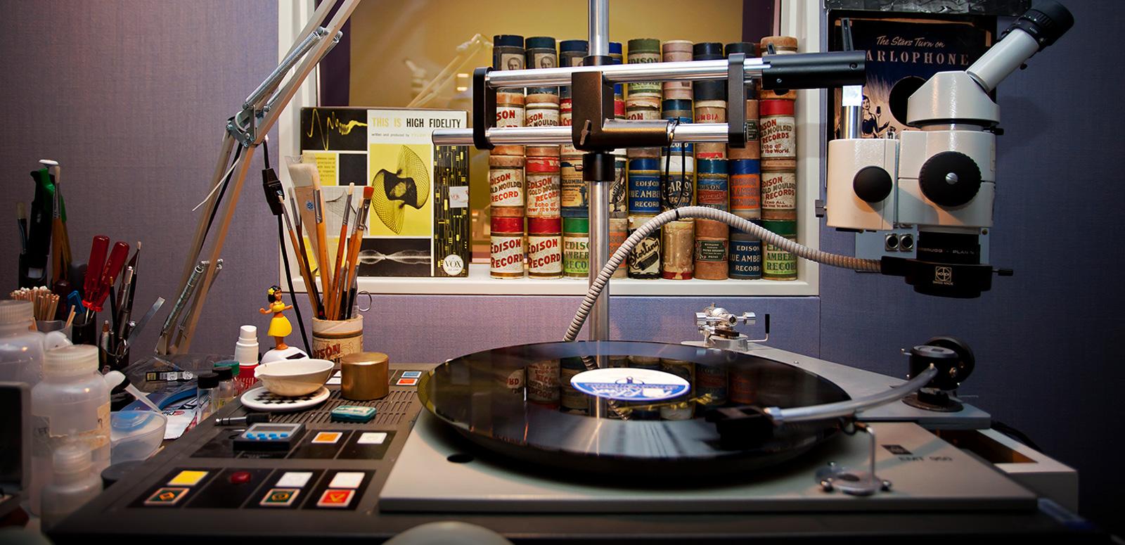 A record player and wax cylinders in the Audio Services section of the NFSA