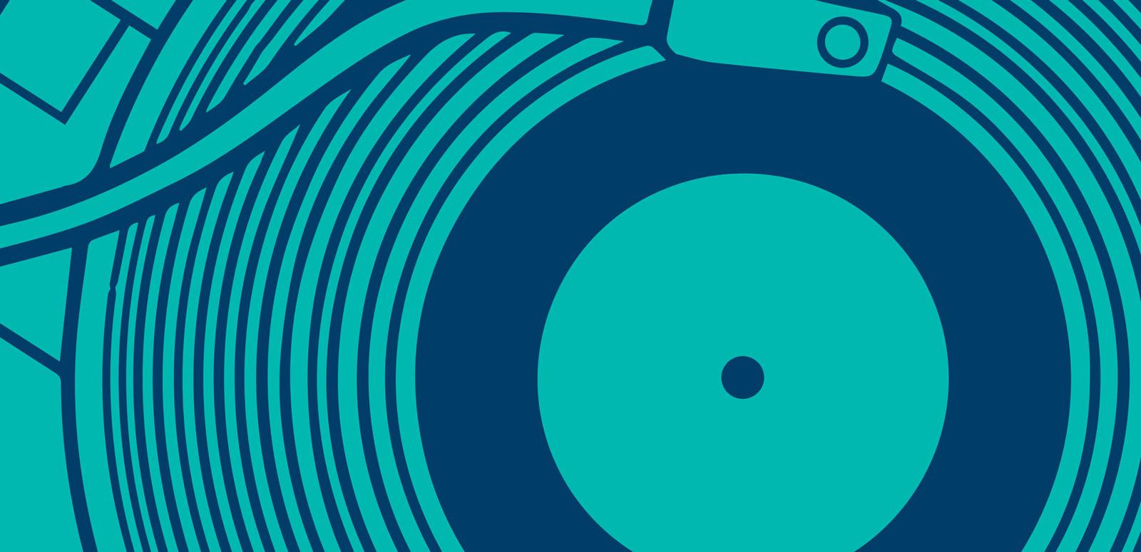 Aqua and blue graphic of a record being played on a record player. Aqua and blue graphic of a record being played on a record player.