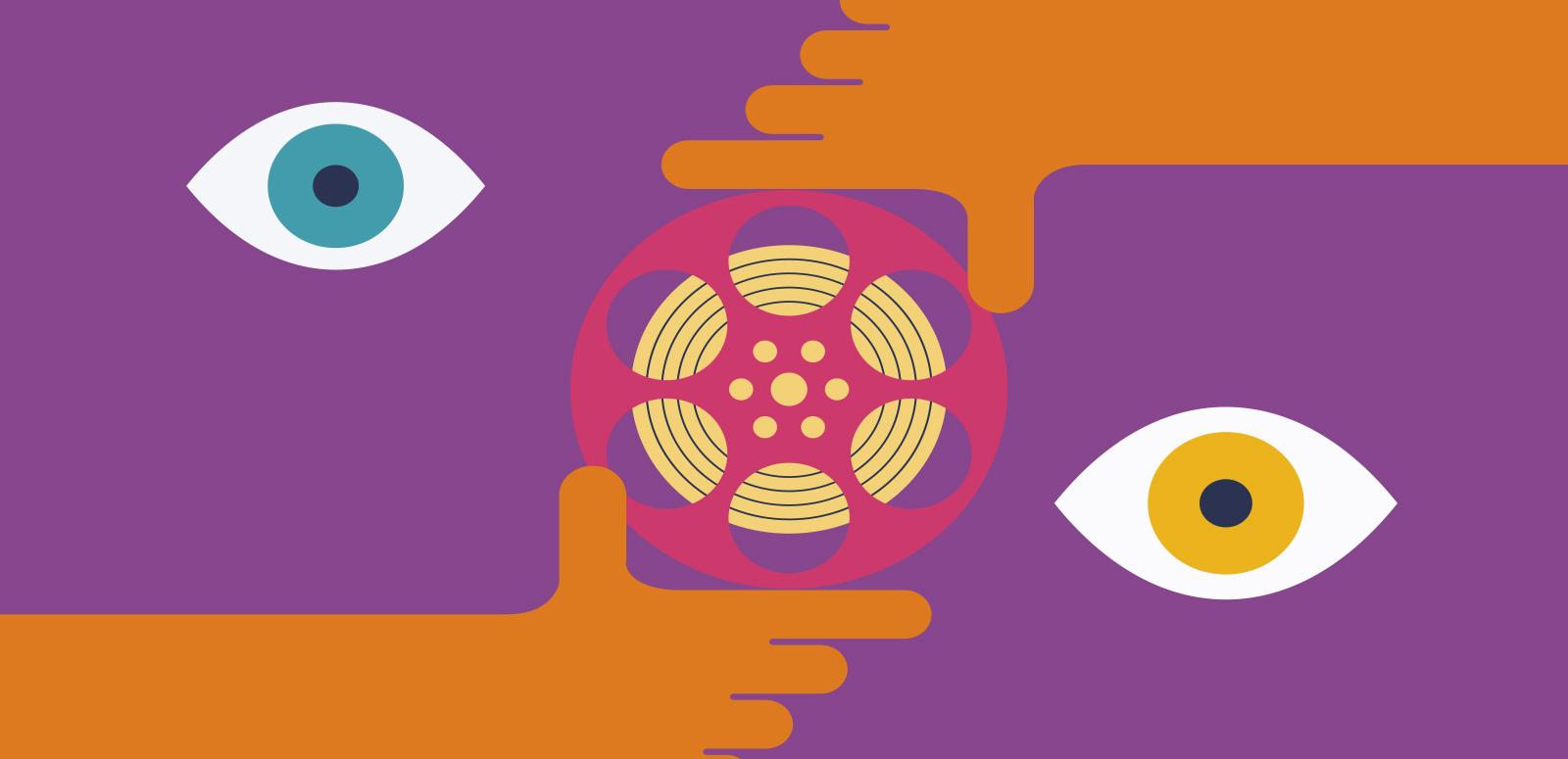 A stylised graphic showing two hands holding a reel of film flanked by two eyes