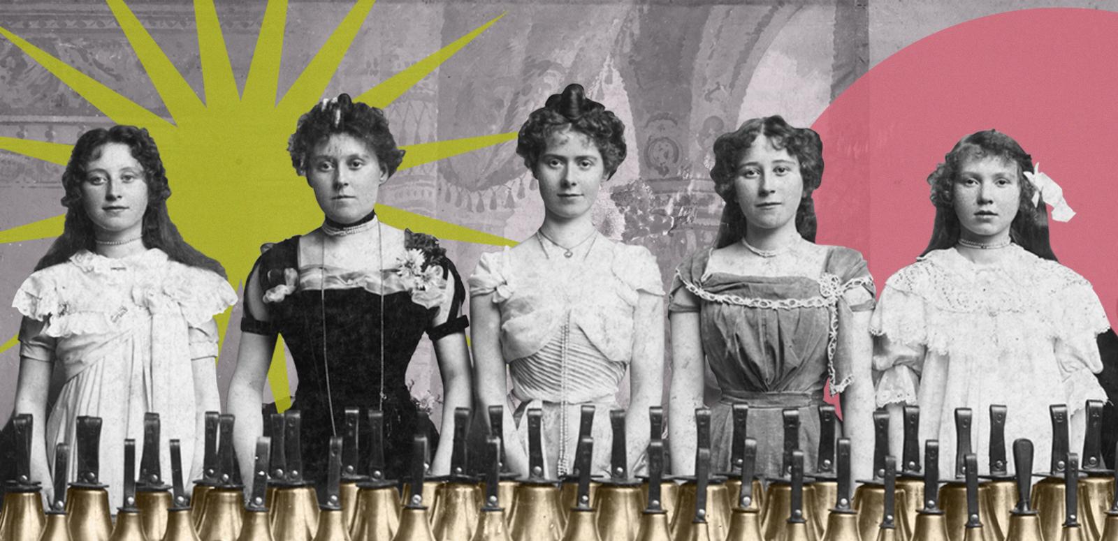 Five women standing in a row against a colourful background. In front of them are a lot of bells
