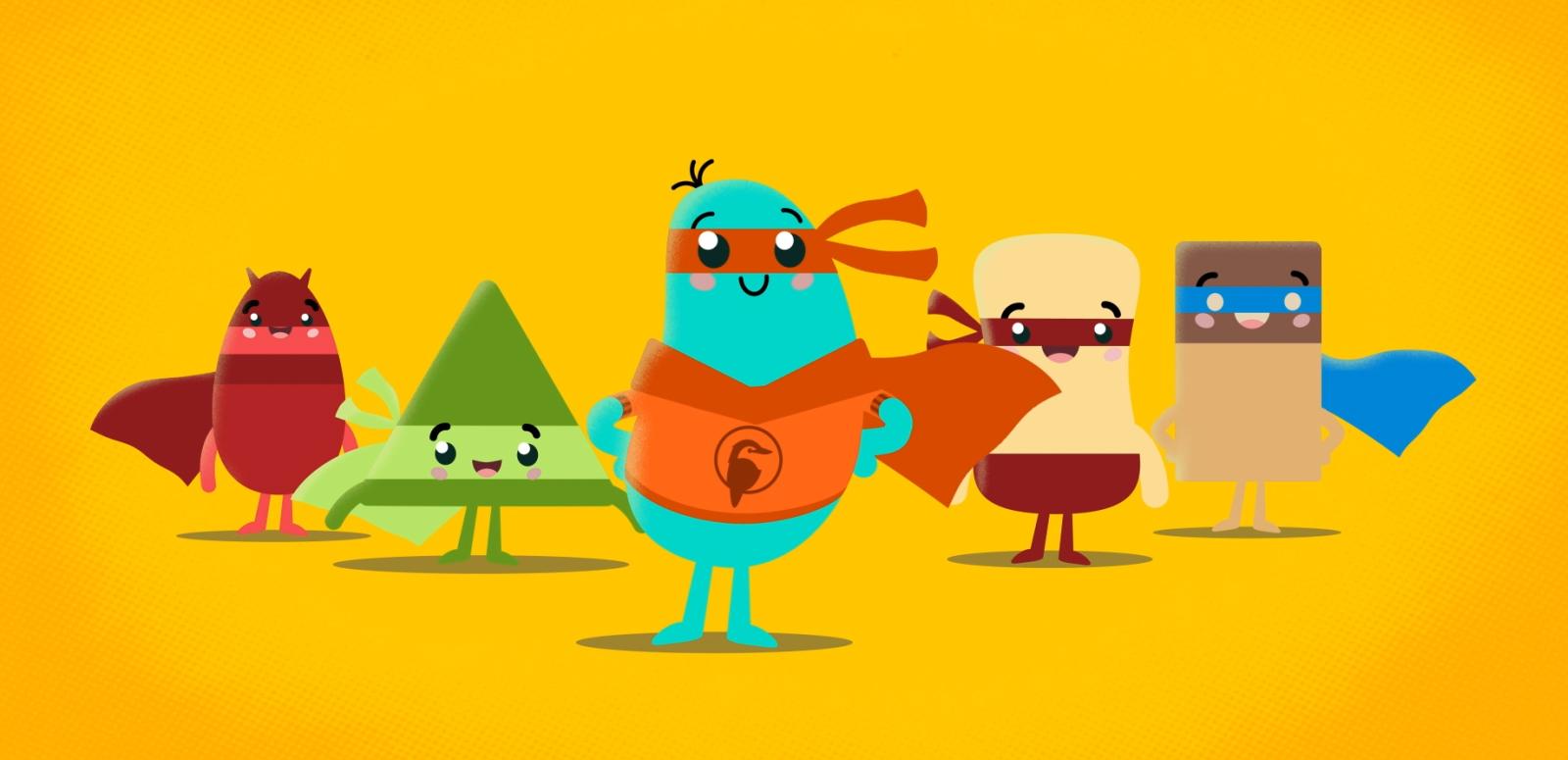 Five heroic looking cartoon characters
