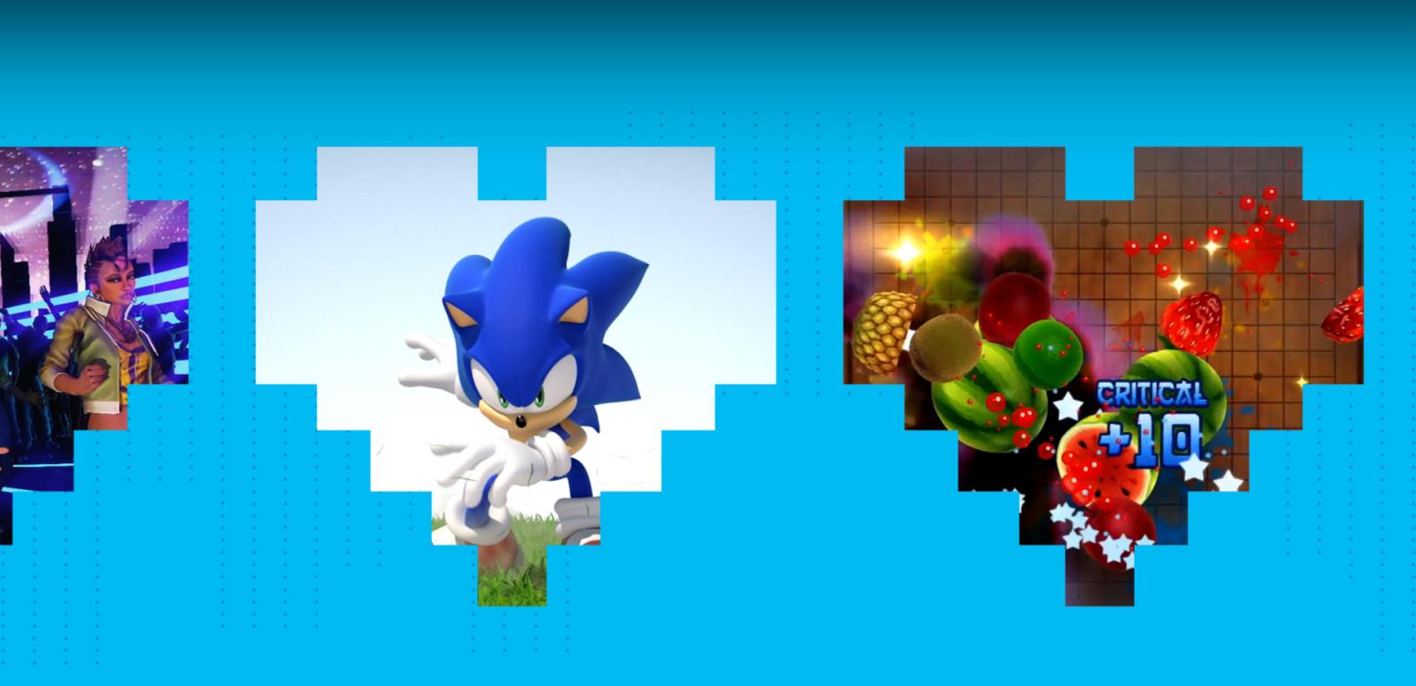 Heart-shaped images of Sonic the Hedgehog and Fruit Ninja characters against a blue background