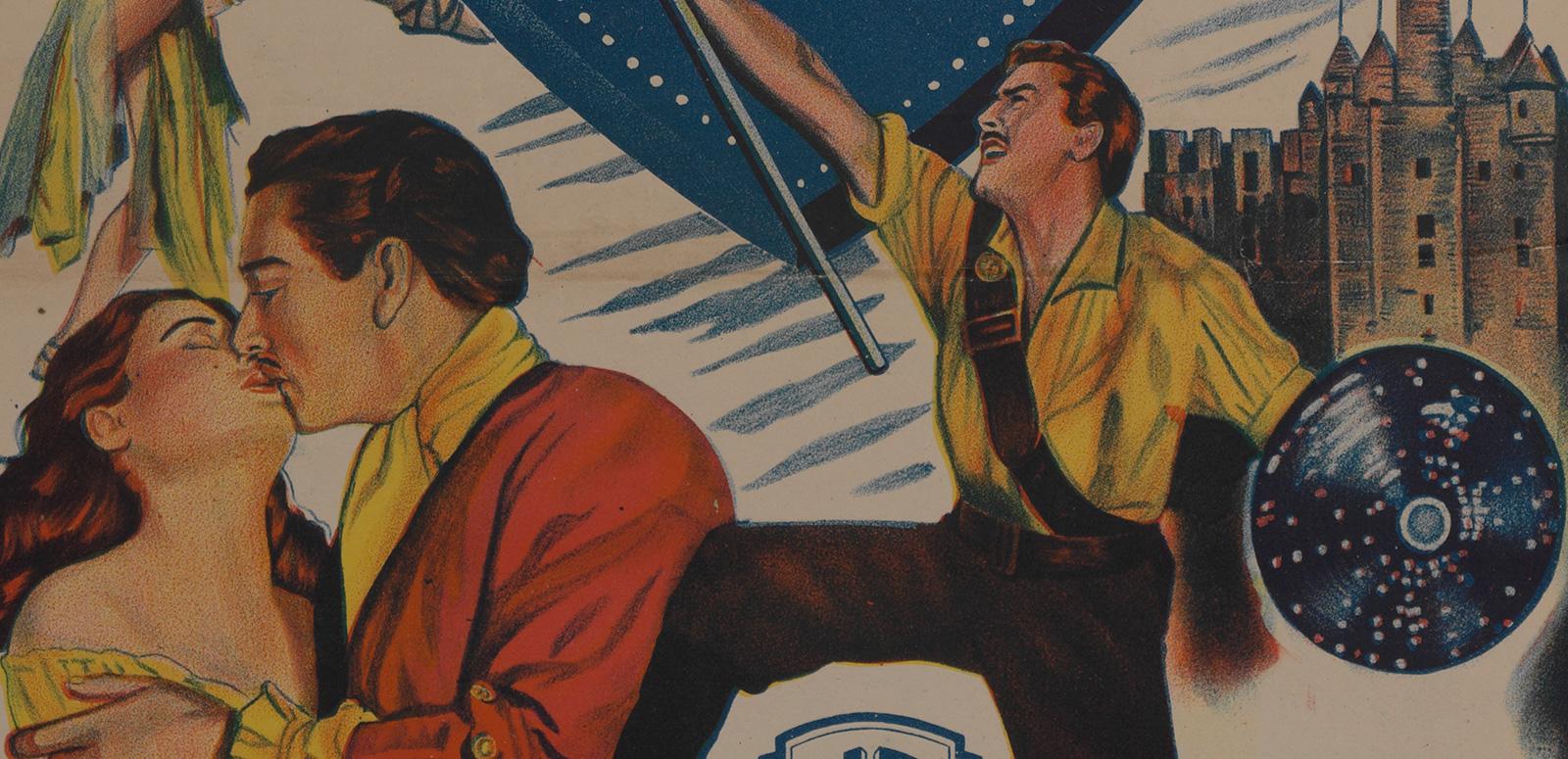 Section of a film poster featuring a drawing of Errol Flynn from The Master of Ballantrae
