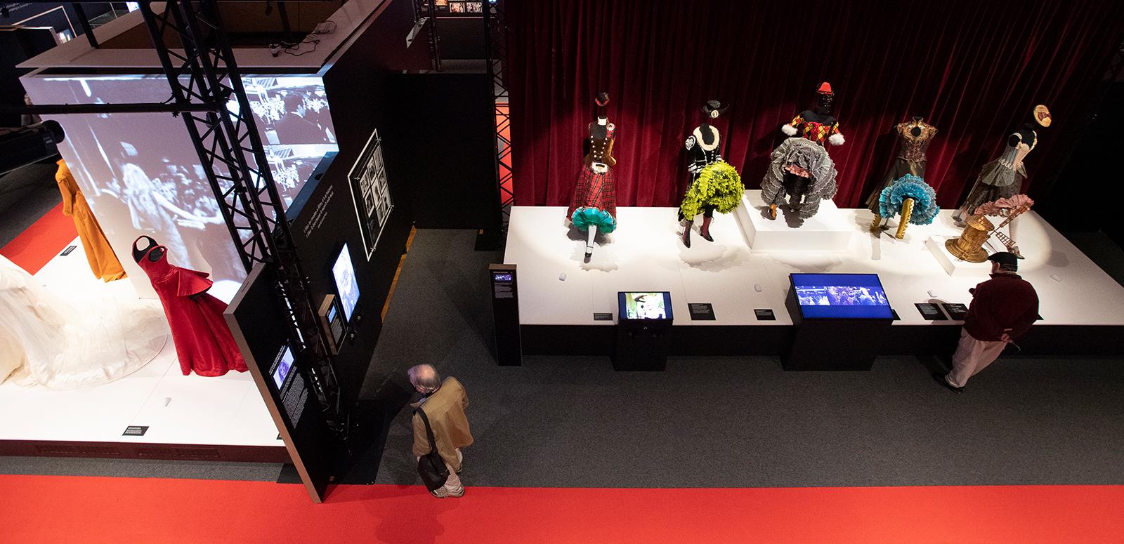 An overhead look at film costumes on display at the Australians & Hollywood exhibition at the NFSA