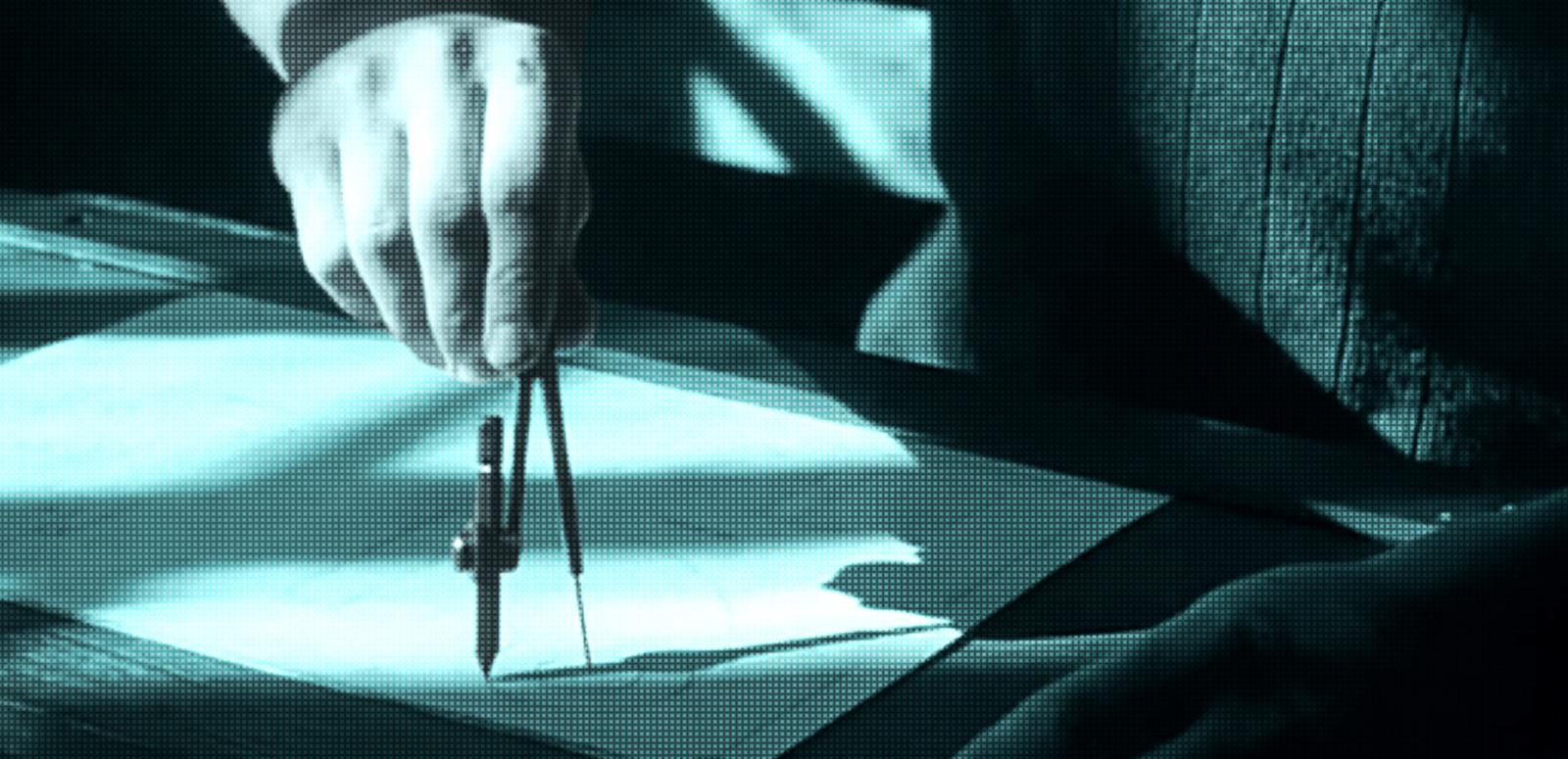 A hand holding a mathematical compass on a sheet of paper.