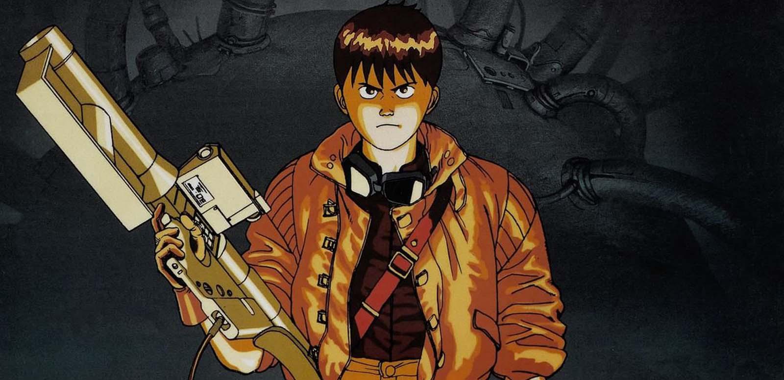 A still from the Japanese anime film Akira showing the title character holding a large gun