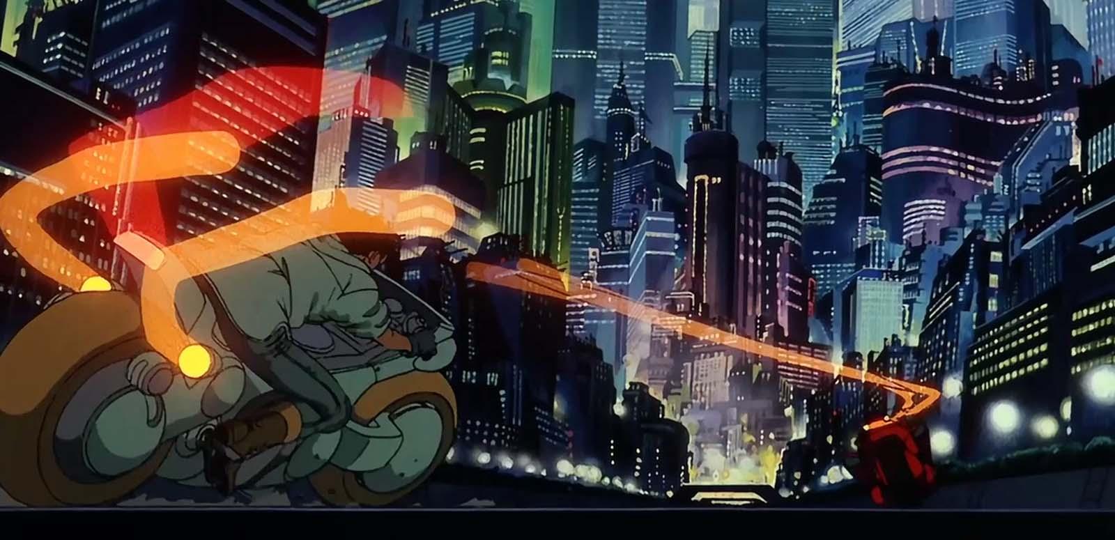 In a scene from the influential Japanese anime film Akira, young men on motorcycles race through a futuristic city