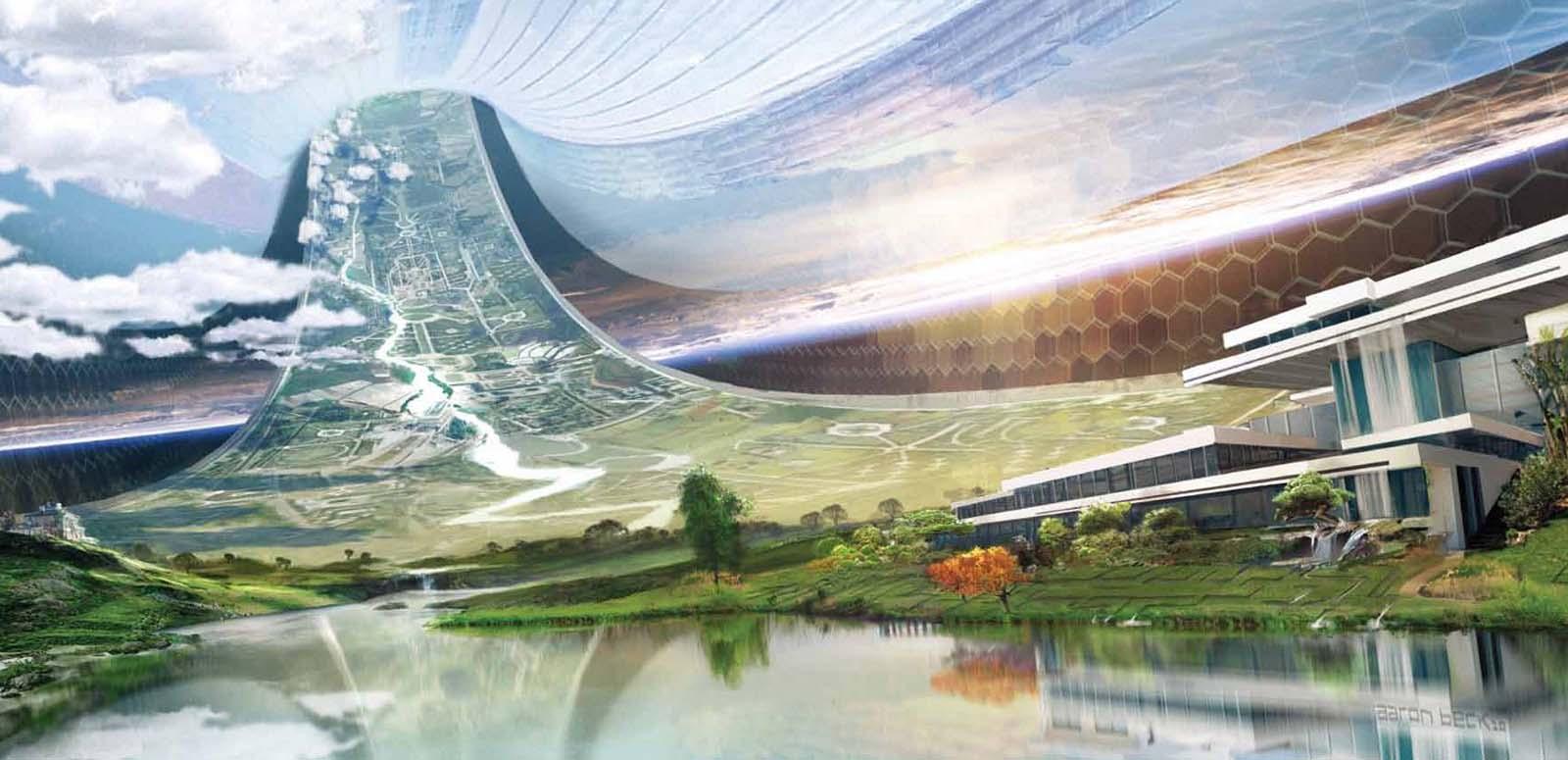 A futuristic sci-fi landscape. A modern building is on the grassy bank of a lake. The land beyond rises upwards like a ramp and intersects the sky as if we are viewing the inside of a matrix.