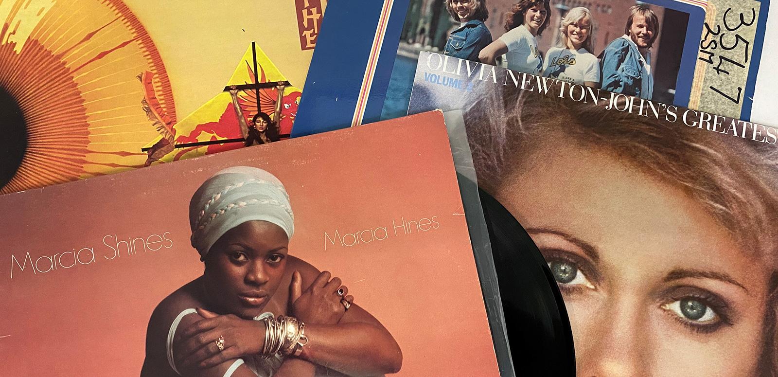 A collage of vinyl record covers including images of Marcia Hines, Olivia Newton-John, ABBA and Kate Bush.