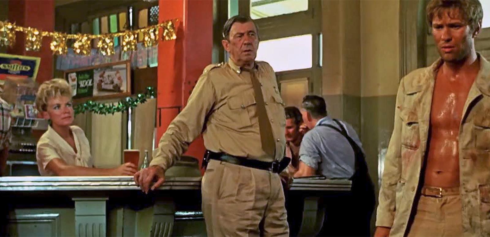 A middle-aged policeman leaning against a bar in a country pub looking at a young man covered in sweat and blood. Behind the bar a woman is serving a beer. The image is a scene from the film Wake in Fright.