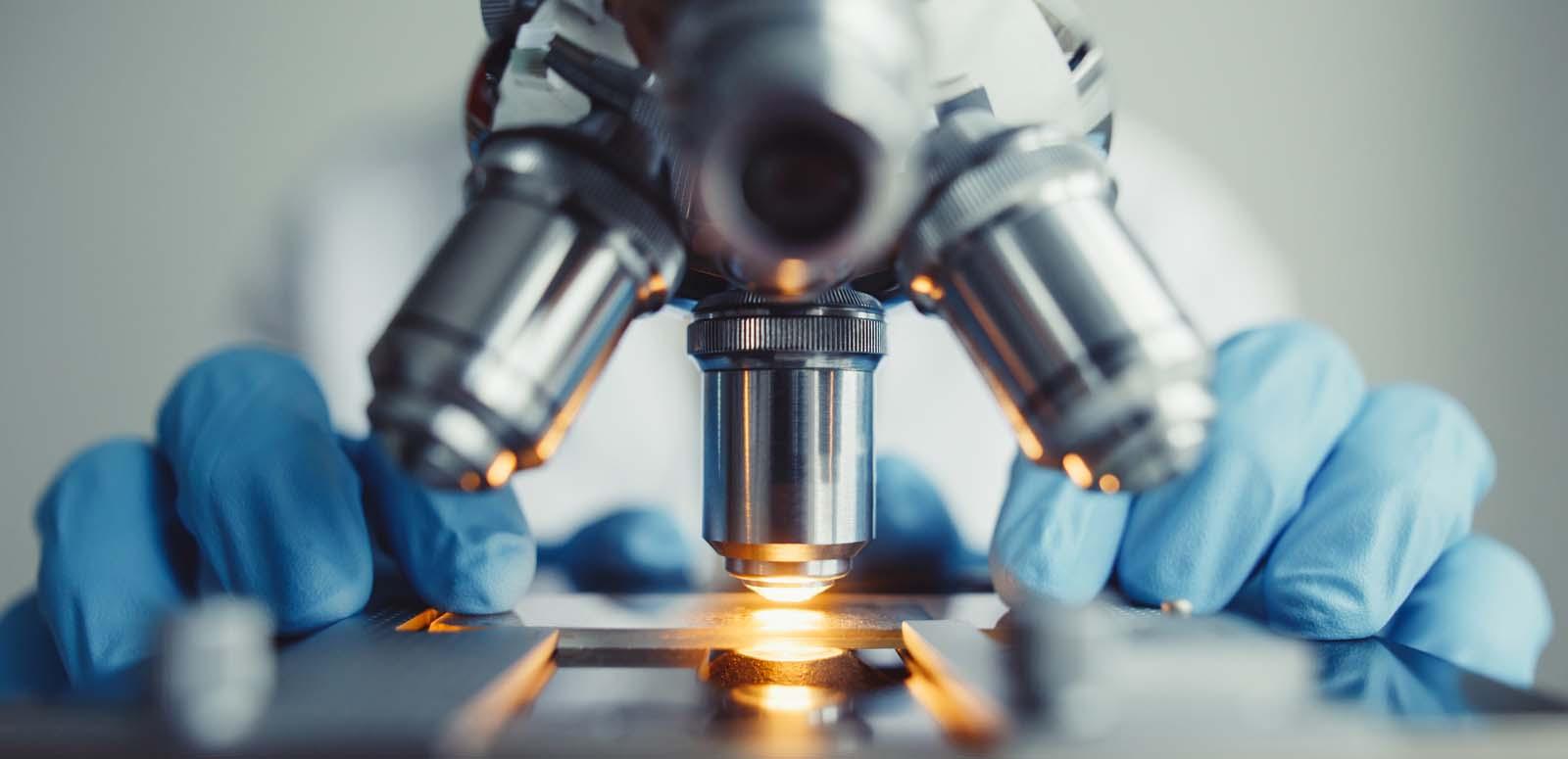 A close-up of a sample slide placed under a microscope in a laboratory