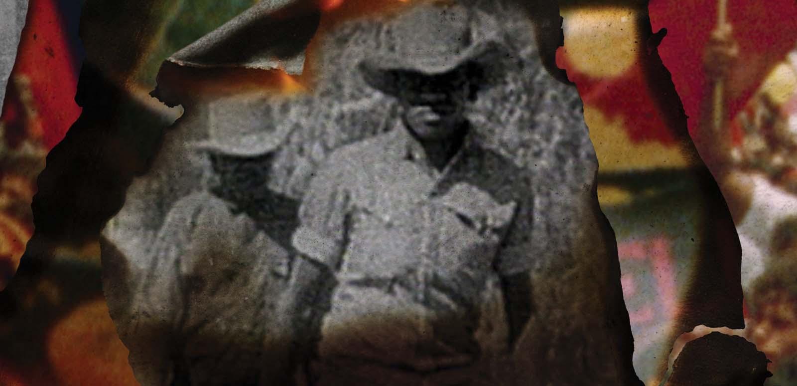 Detail from the poster for the film WINHANGANHA showing an archival photo of two First Nations men wearing collared shirts and bush hats. The edges of the black-and-white photo is curled up as if on fire, and the collage also features fire and the red, yellow and black colours of the Aboriginal flag