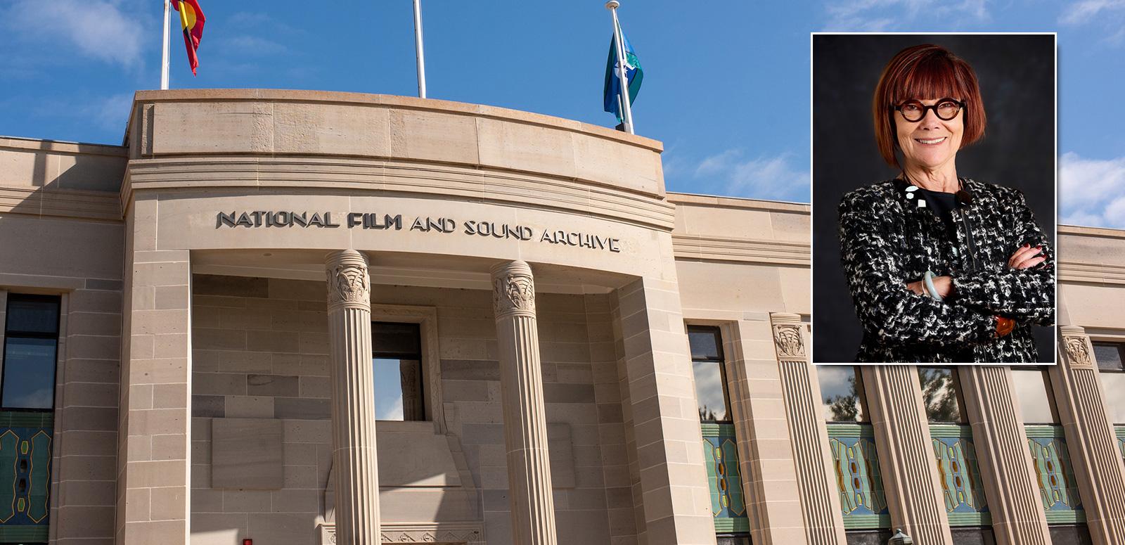 Front facade of the NFSA building with an inset picture of professor Jenny Hocking smiling with her arms folded.