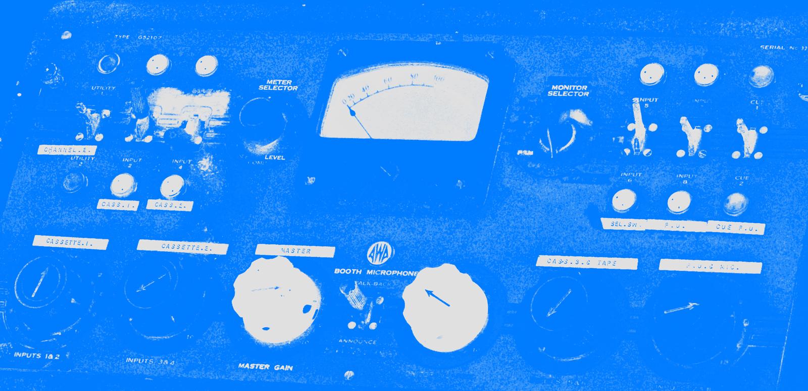 A close-up image of dials and switches on a sound recording board. The image has been tinted blue