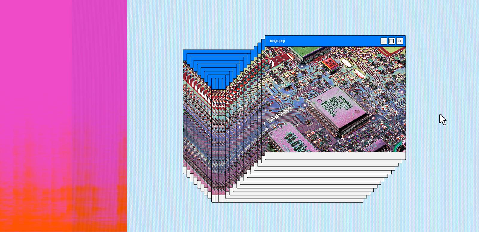A computer screen featuring an accordion of overlapping images of a computer circuit board