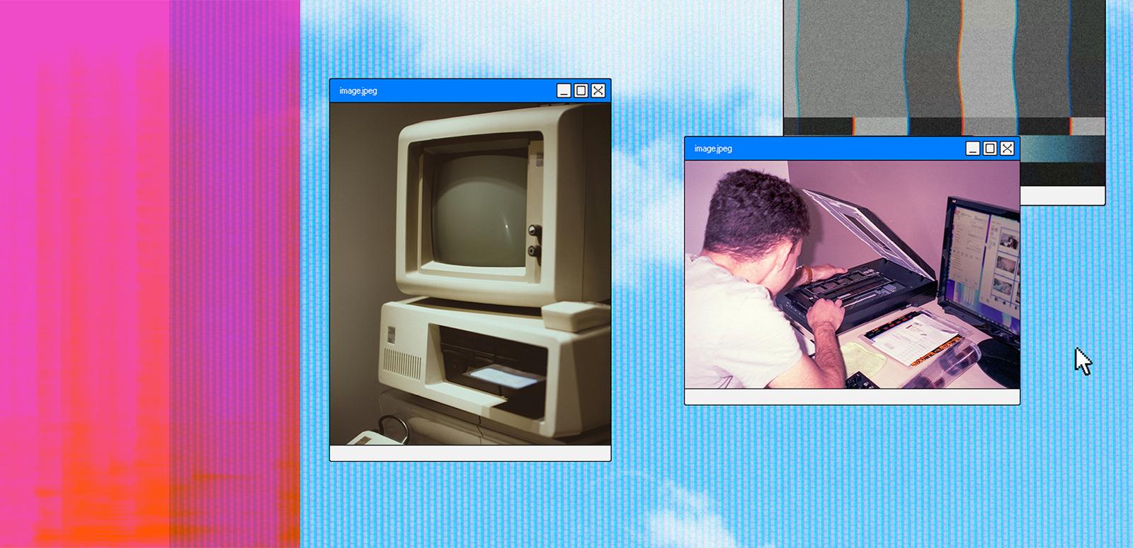 A blue-sky-and-white-clouds computer desktop overlaid with three window boxes variously featuring: a 1980s personal computer and monitor with floppy disc, an abstract pattern and a photo of a person adjusting computer equipment