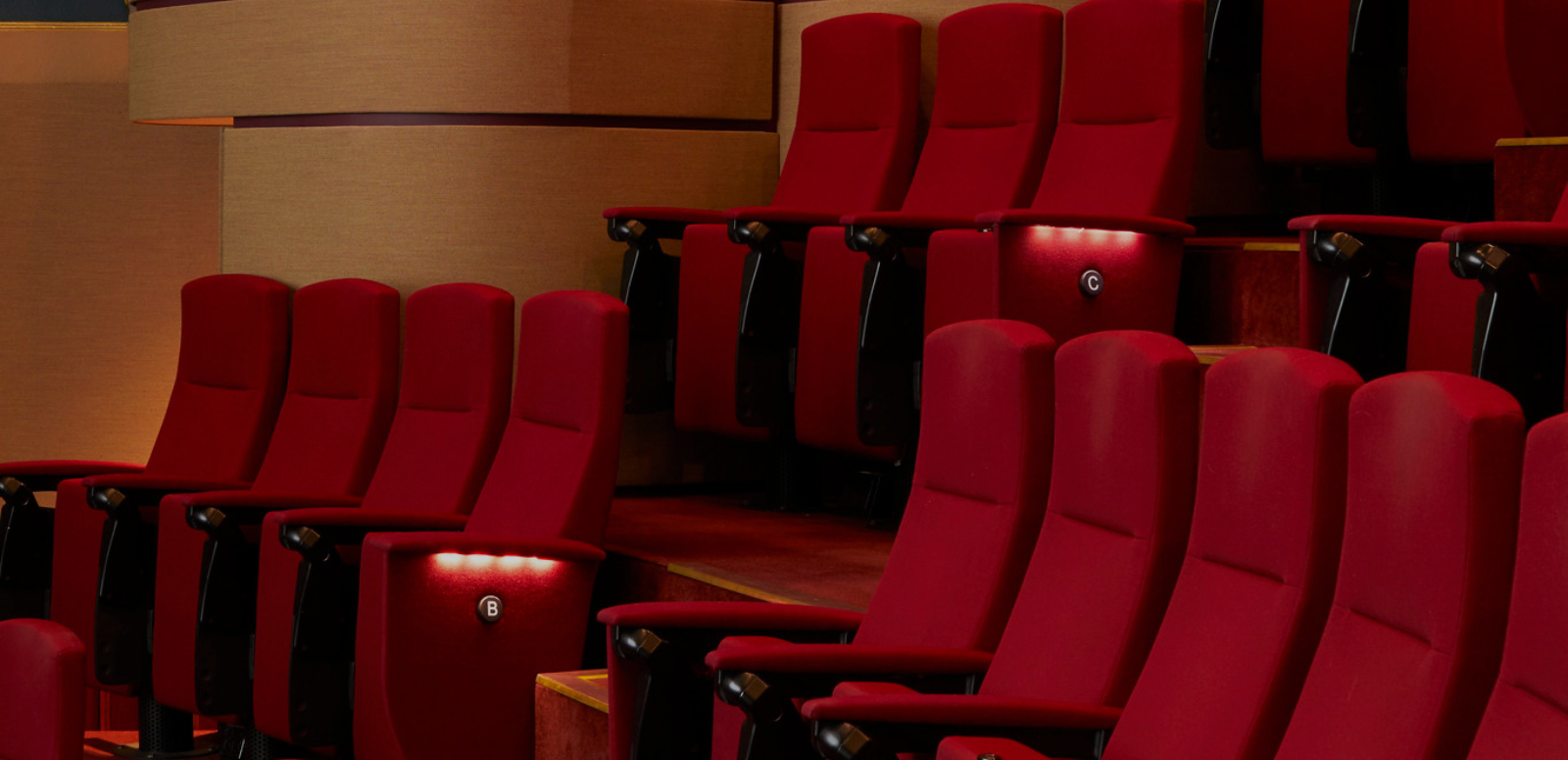Rows of red cinema seats in the NFSA Theatrette.