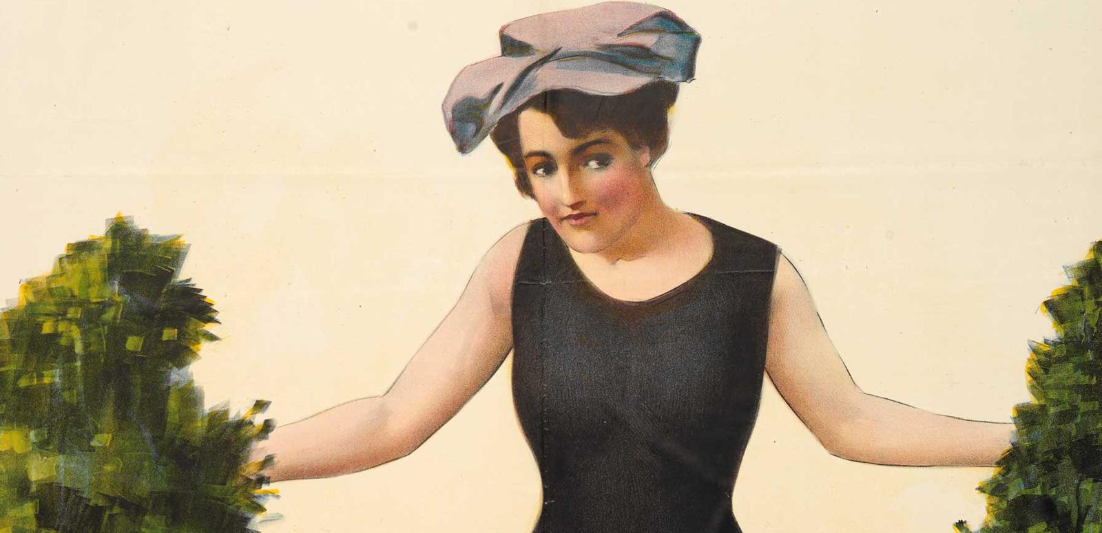 Detail from a graphic poster illustrating champion swimmer and diver Annette Kellerman wearing a bathing suit and a hat with her arms outstretched behind two potted shrubs.