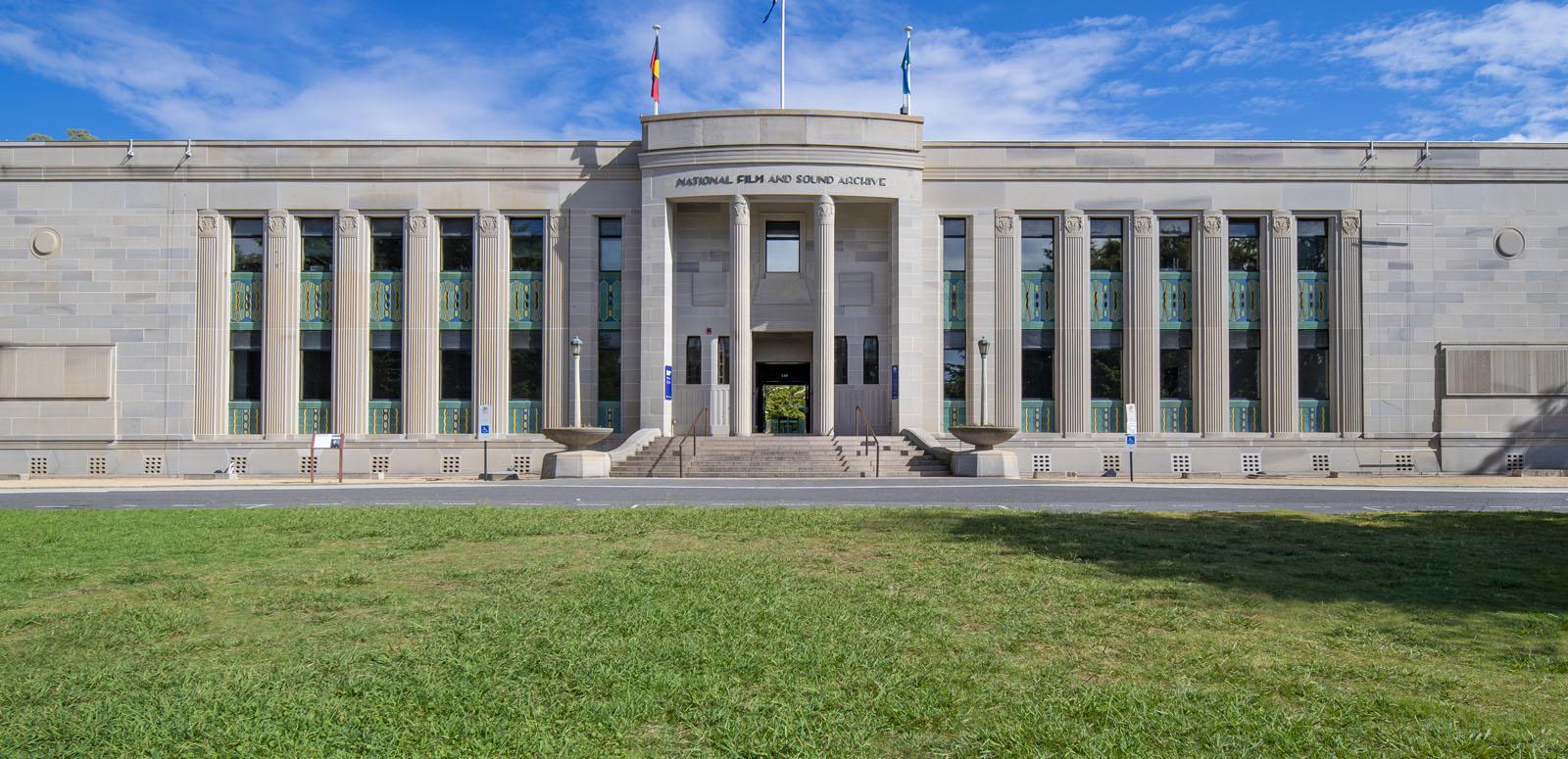 The front lawn and exterior of the National Film and Sound Archive building in Canberra 