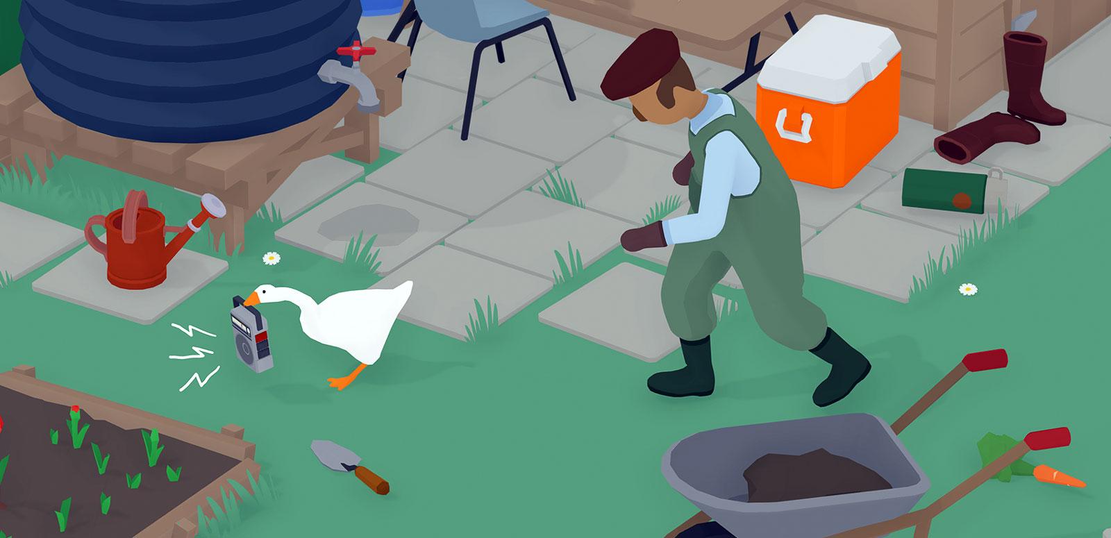 A screenshot from a video game featuring a goose being chased by a farmer.