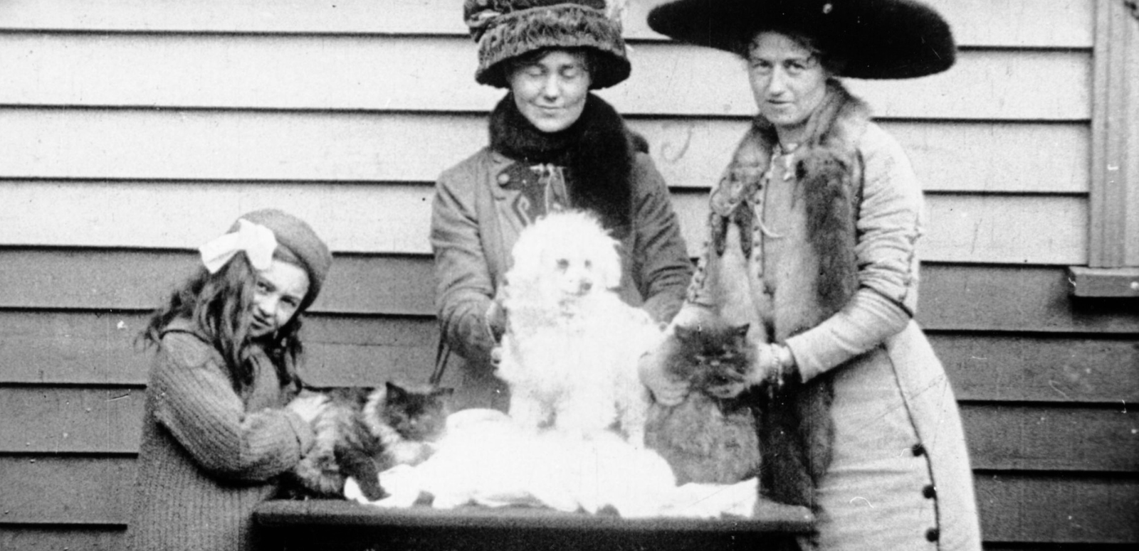 Two women and a young girl standing around a table with a small dog sitting on it, c 1920.