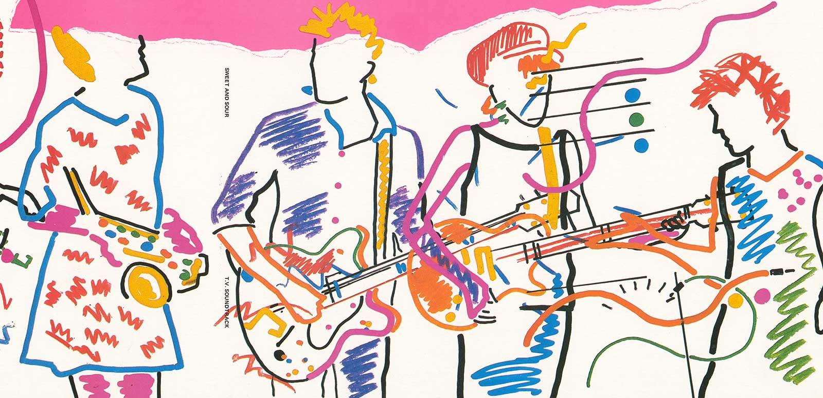 1980s graphic showing a sketch outline of a band drawn in bright colours.