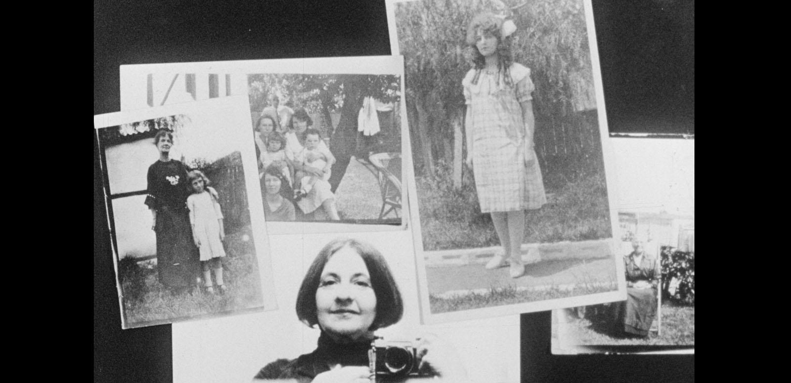 A montage of black-and-white photos of filmmaker Corinne Cantrill including as a child, with female relatives, and holding up a photo camera.