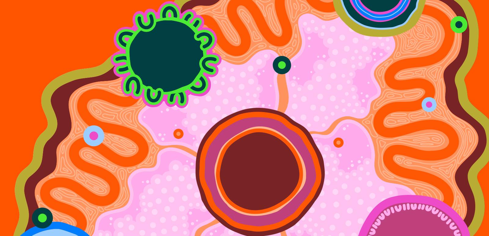 Detail from a First Nations artwork depicting circular shapes and curving lines representing light and sound waves.
