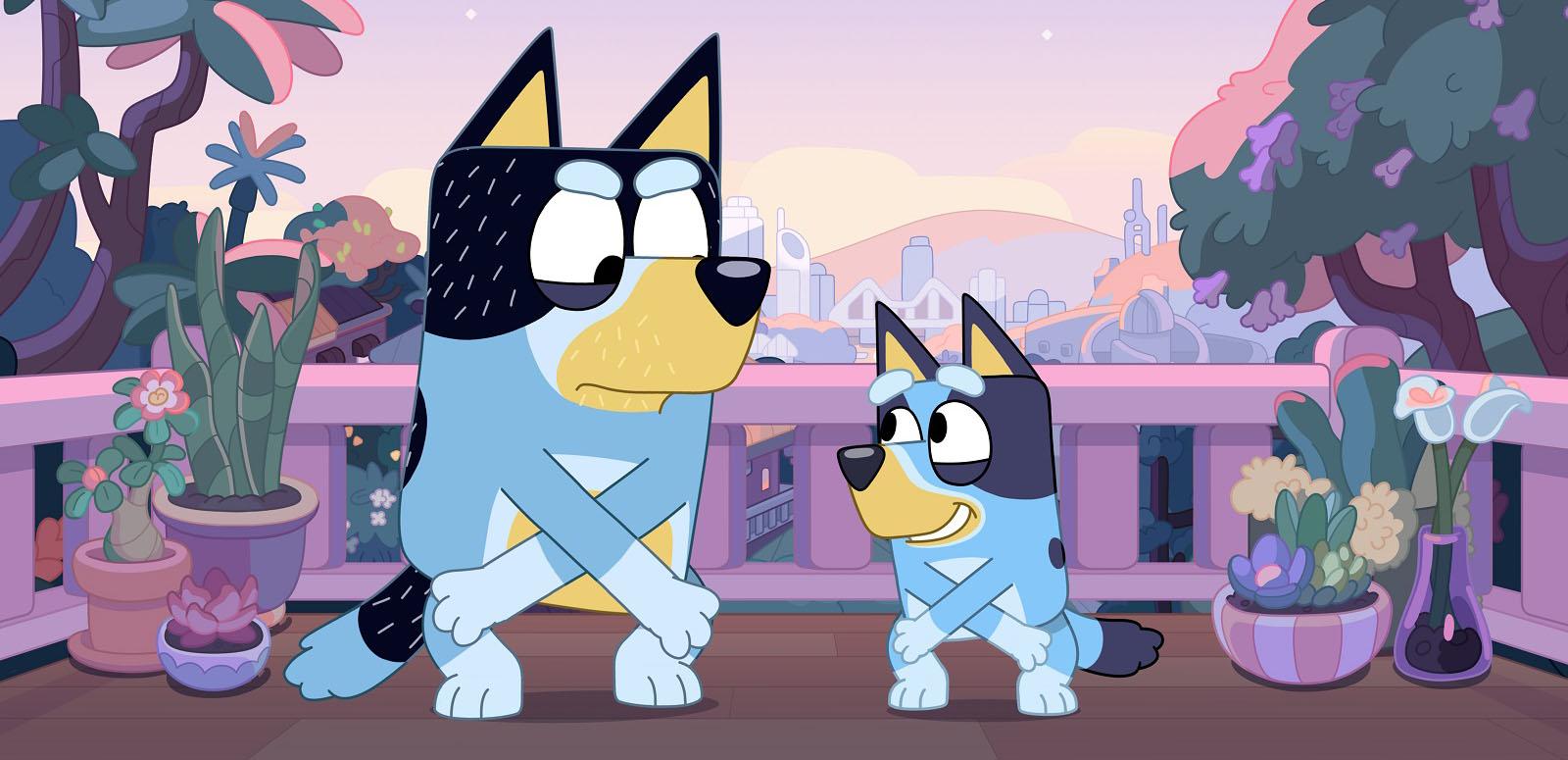 Animated still of two blue heeler dogs dancing in the twilight on a balcony.
